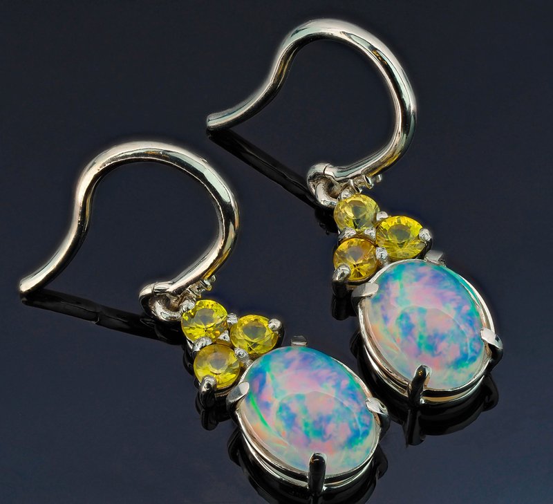14 kt white gold earrings with central opals, sapphires and diamonds - 耳環/耳夾/耳骨夾 - 貴金屬 橘色