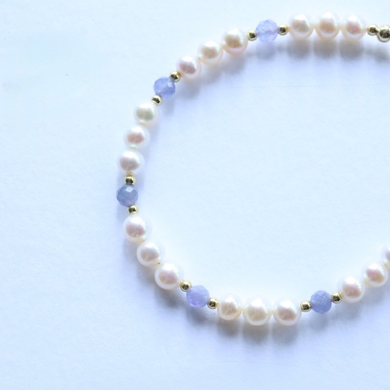 晨曦之引 坦桑石淡水珍珠手鍊 美國18kgf包金 可調節 12月誕生石 - 手鍊/手環 - 半寶石 