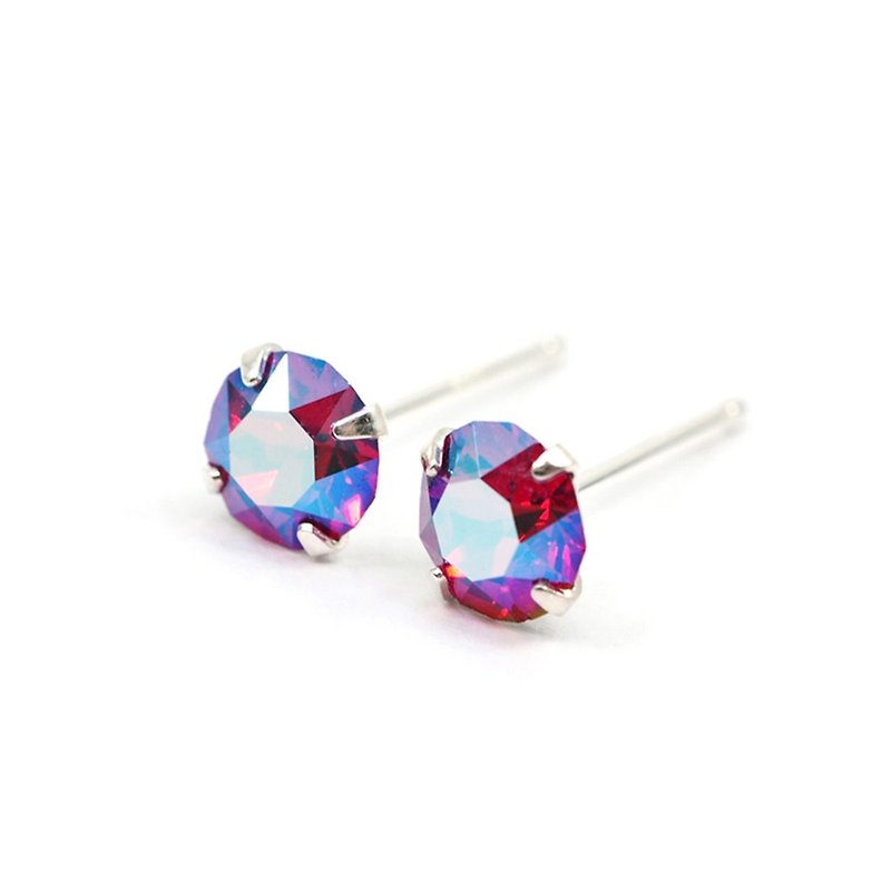 Ruby Red Shimmery Swarovski Crystal Earrings, Sterling Silver, 5mm Round - 耳環/耳夾 - 其他金屬 紅色