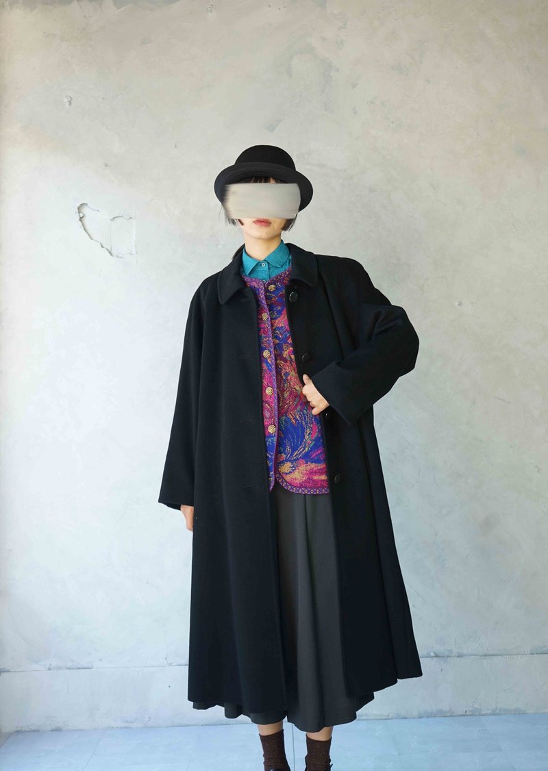 Treasure Hunt Vintage-Classic Black CASHMERE Cashmere Textured Sleeve Over-the-Knee Long Coat - เสื้อแจ็คเก็ต - ขนแกะ สีดำ