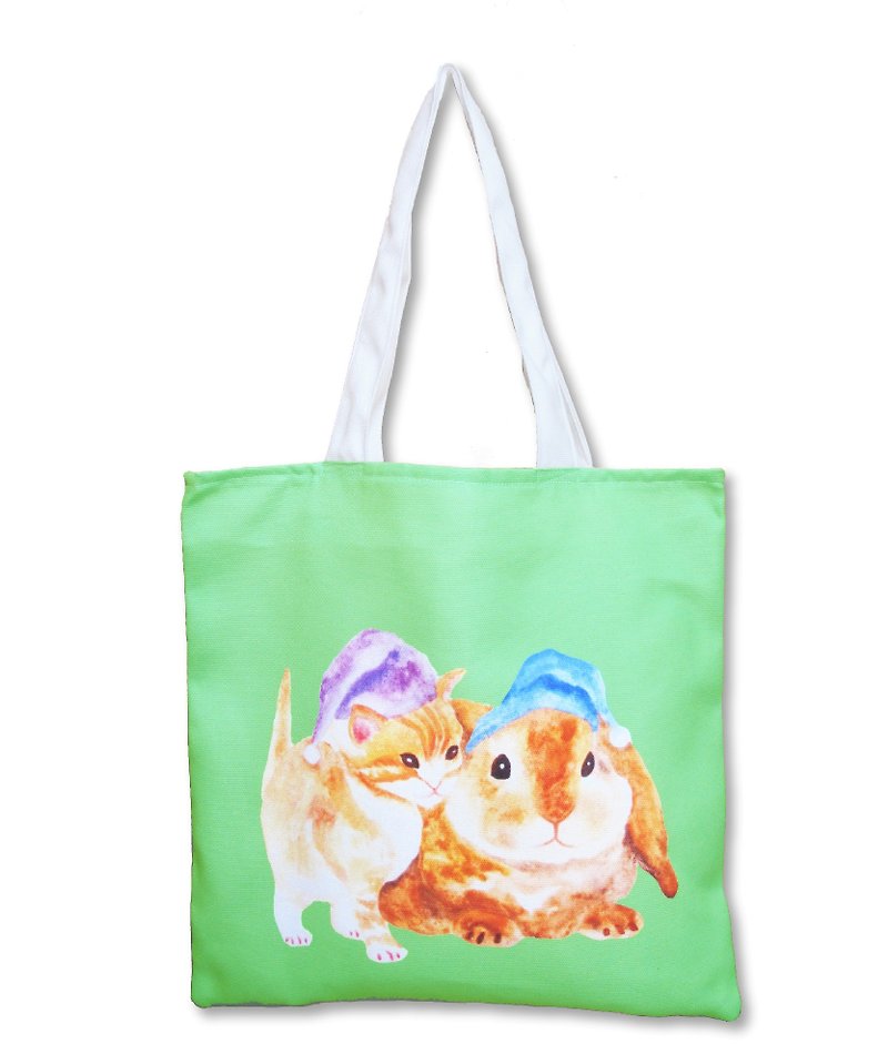 Cat Bunny painted canvas bag handbag tote bag small bag lunch bags - กระเป๋าถือ - ผ้าฝ้าย/ผ้าลินิน สีเขียว
