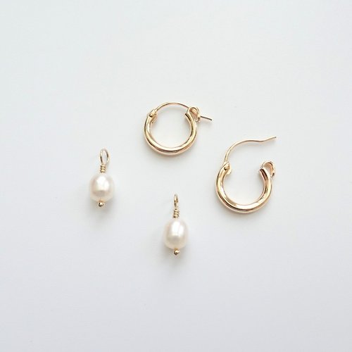 Joyce Wu Handmade Jewelry 14Kgf 包金基本款中性小耳圈 (可單購) + 淡水珍珠墜 兩用 客製化