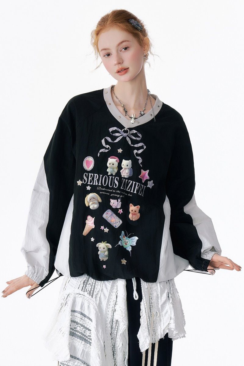 ziziFei autumn and winter American design cute print blokette jersey sports long-sleeved T-shirt sweatshirt for women - Women's Tops - Other Materials 