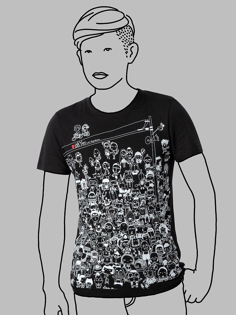 【Black】Crowds at night market T-Shirt / 100% cotton MIT - เสื้อฮู้ด - ผ้าฝ้าย/ผ้าลินิน สีดำ