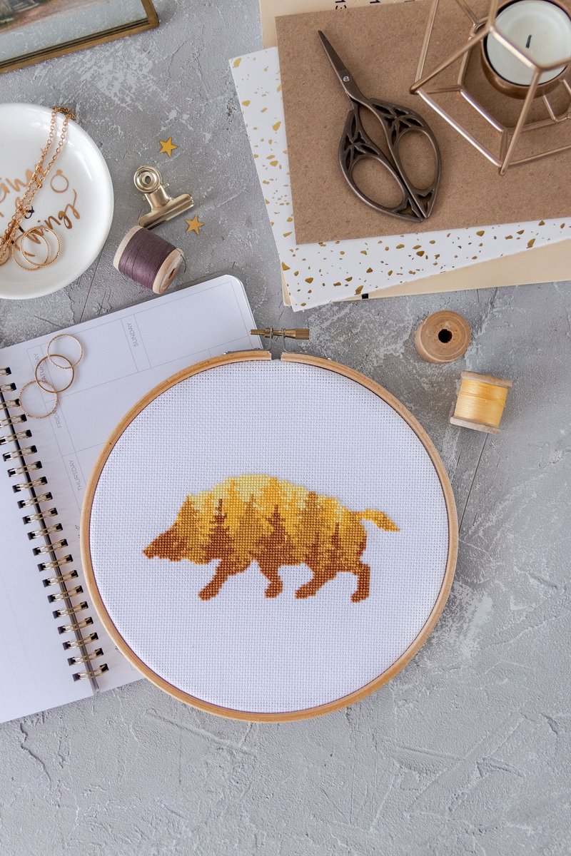Wild Boar Silhouette Cross Stitch PDF Pattern 十字繡 - 編織/刺繡/羊毛氈/縫紉 - 其他材質 