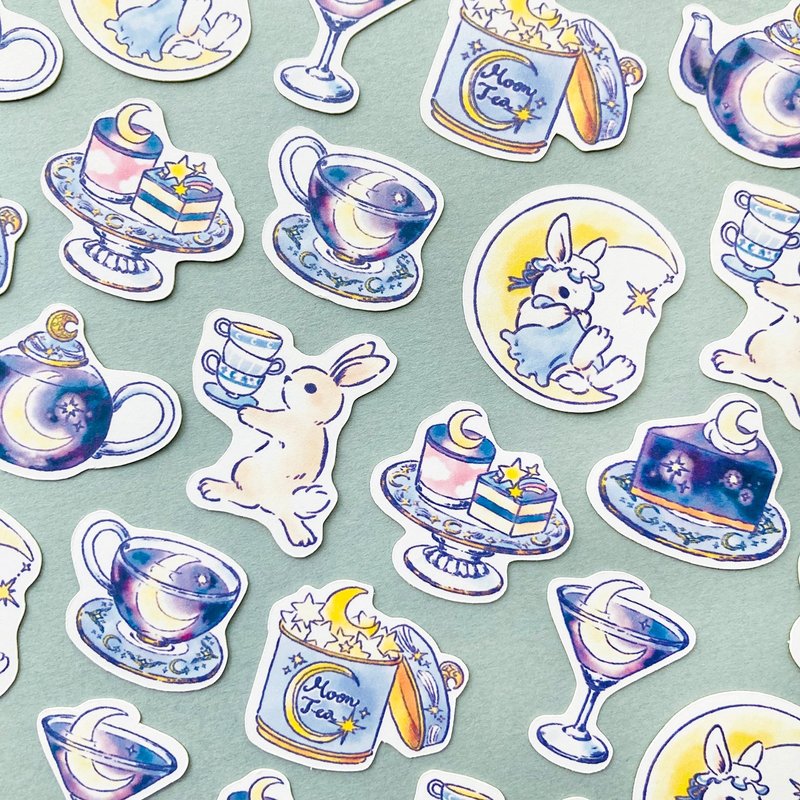 MoonTeaフレークシール　夜空のお月様とうさぎ【32枚入】 - 貼紙 - 紙 藍色
