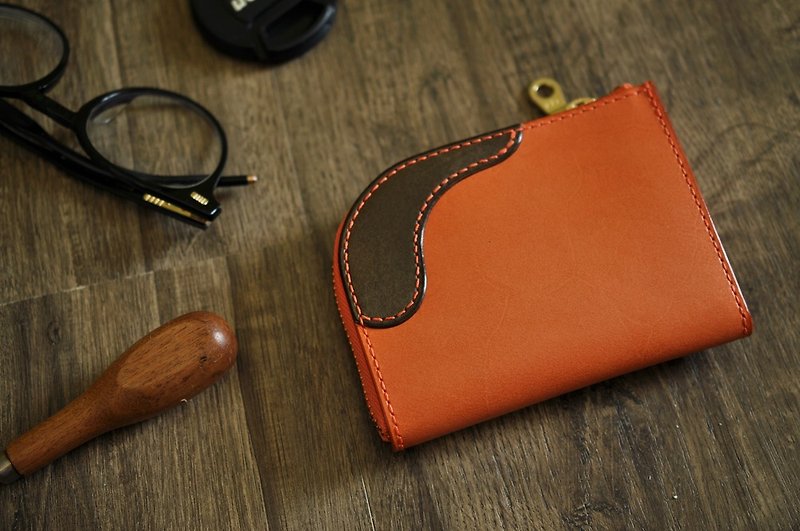 L-shaped zipper coin purse orange + burnt tea [European vegetable tanning/limited/hand-sewn][17011] - กระเป๋าใส่เหรียญ - หนังแท้ สีส้ม