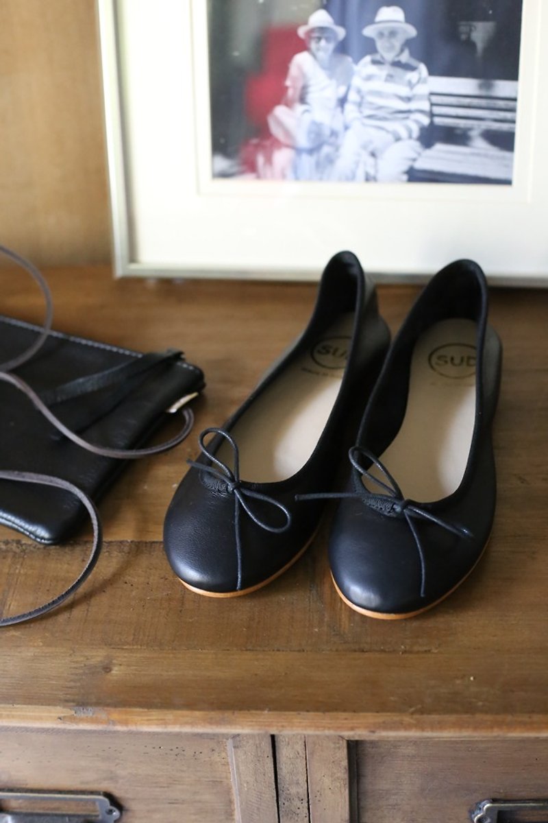 義大利牛皮芭蕾鞋Macaron巴黎黑 - 女休閒鞋/帆布鞋 - 真皮 
