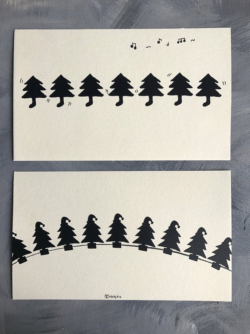 手作りのクリスマスツリーはがき㊣ちょうど靴下をジャンプ、クリスマスツリー帽子ジャングル（グループ） - カード・はがき - 紙 ブラック