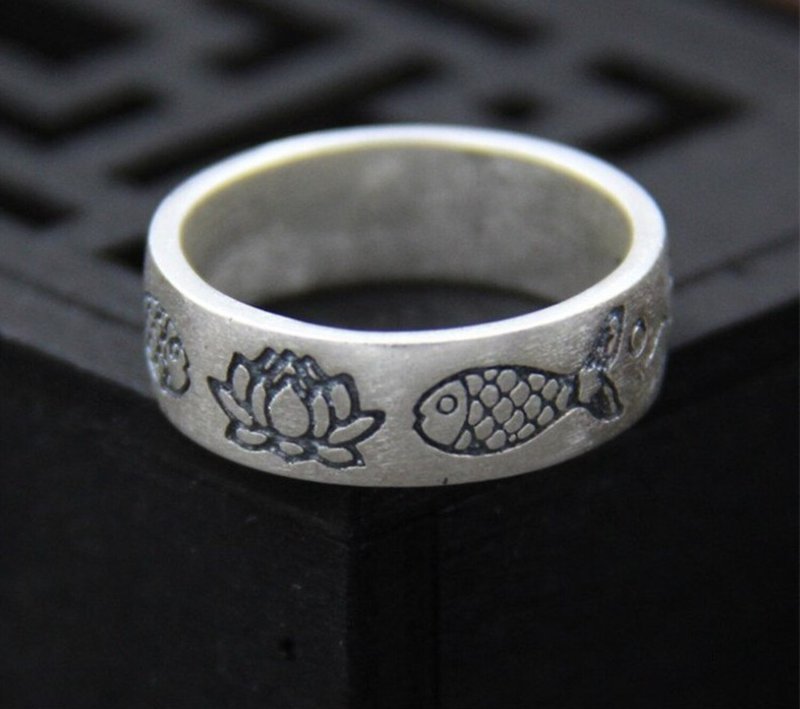 Real S990 Silver Fine Jewelry for Women Handmade Carve Lotus Finger Rings Lovely - 戒指 - 純銀 銀色