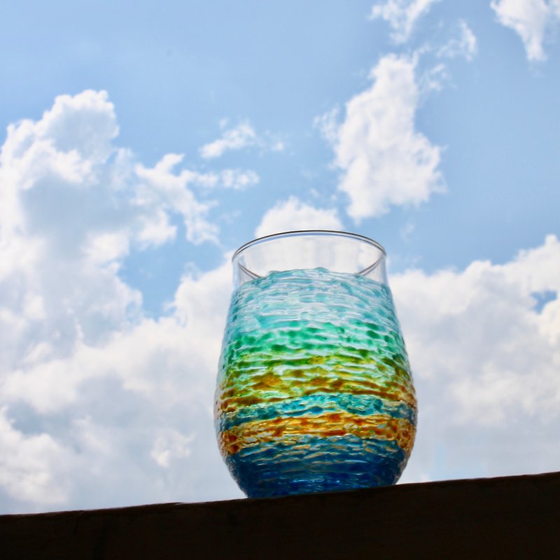 手作りの夏の色ステンドグラスカップ•手作りのワイングラス - 急須・ティーカップ - ガラス ブルー