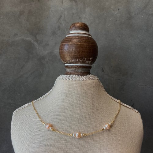 KAREN JEWELRY 14K包金 粉橘天然珍珠項鍊 鎖骨鏈 14kgf