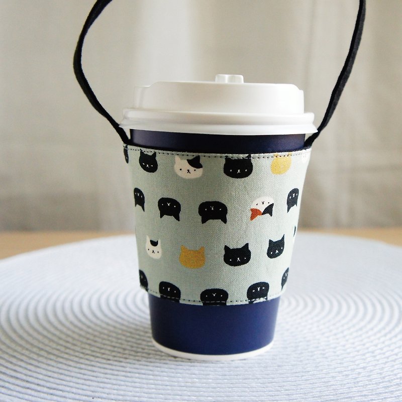 Lovely [Japan cloth] gilding cat head drink cup, bag, green drink cup set, gray - Beverage Holders & Bags - Cotton & Hemp Gray