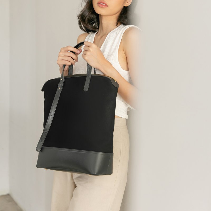 GAMBREL structured leather canvas tote/ laptop bag - black on black - 電腦袋 - 真皮 黑色