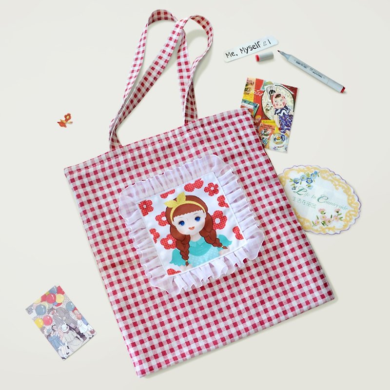 Cute girl lace shoulder bag retro theatrical cotton Linen plaid handbag Tote fresh gift - Messenger Bags & Sling Bags - Cotton & Hemp Red