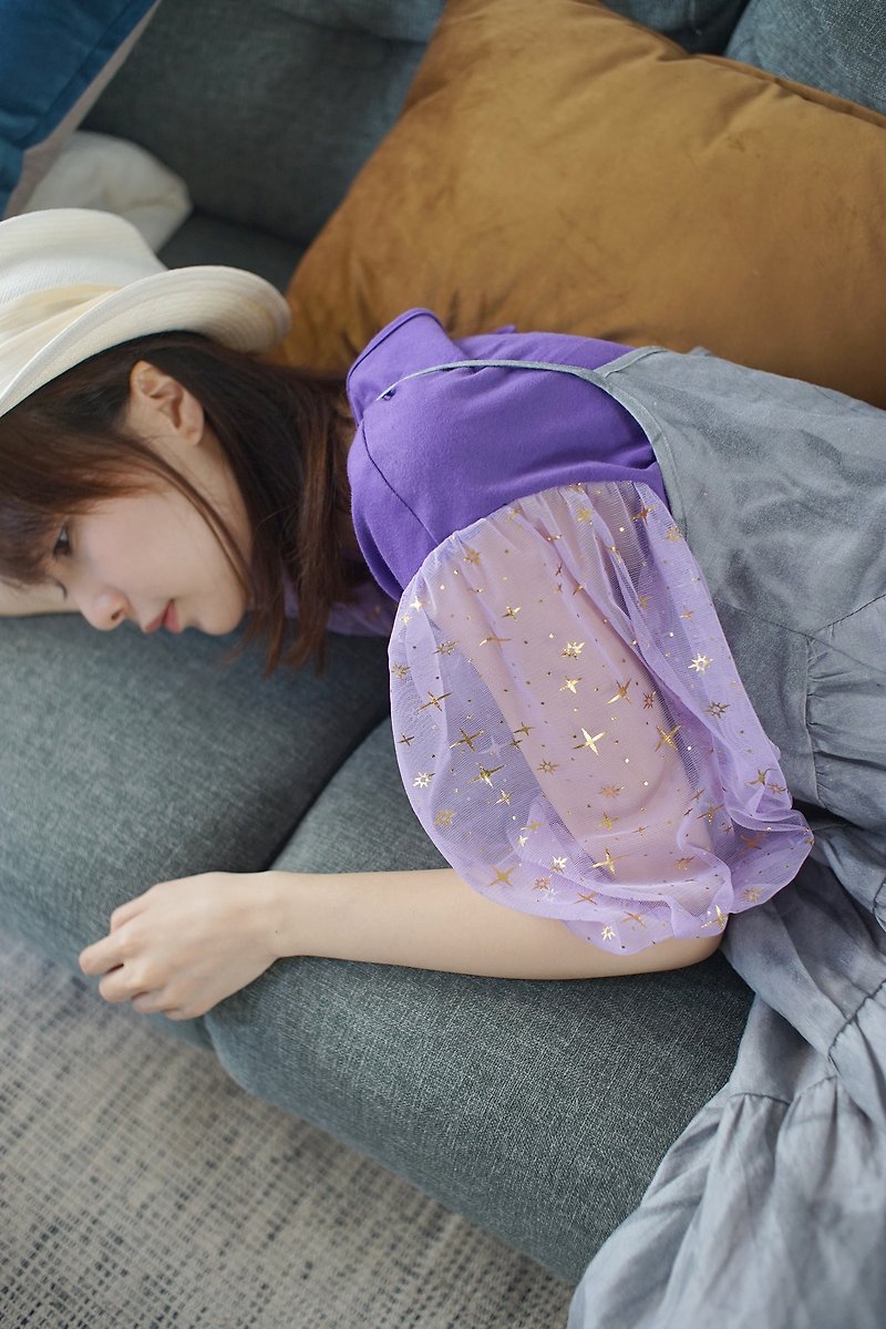星星紗白色紫色短袖 2018夏 【fete】 - 女上衣/長袖上衣 - 棉．麻 白色