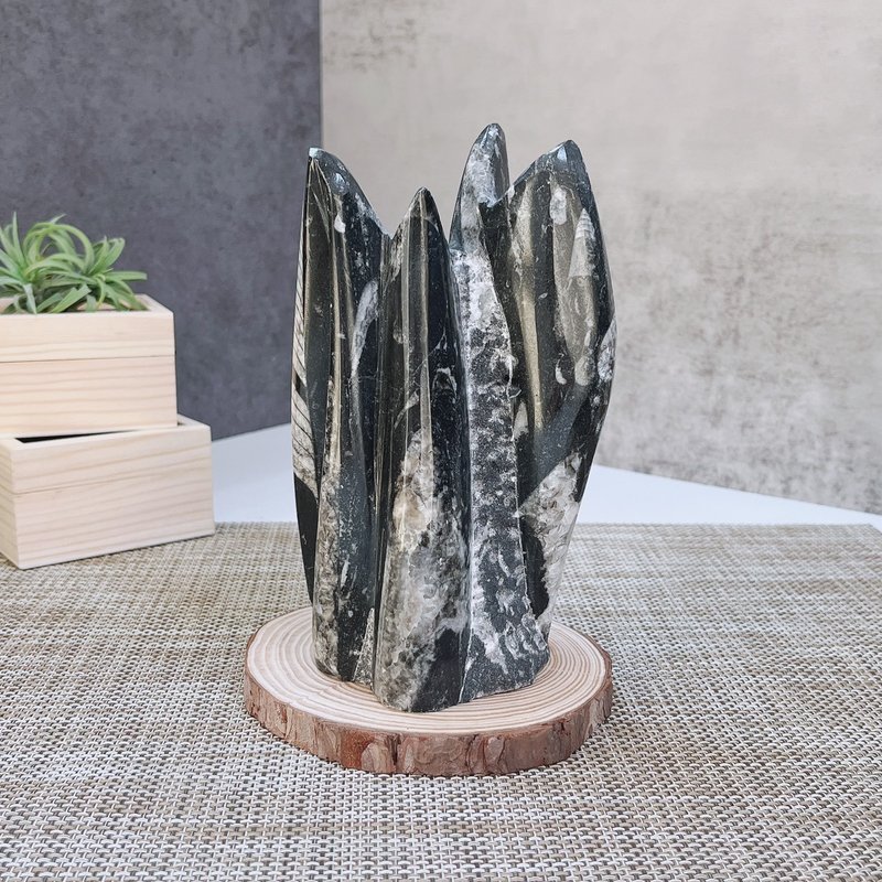 Right Angle Stone Base Right Angle Stone Ornament with Log Slices - ของวางตกแต่ง - วัสดุอื่นๆ 