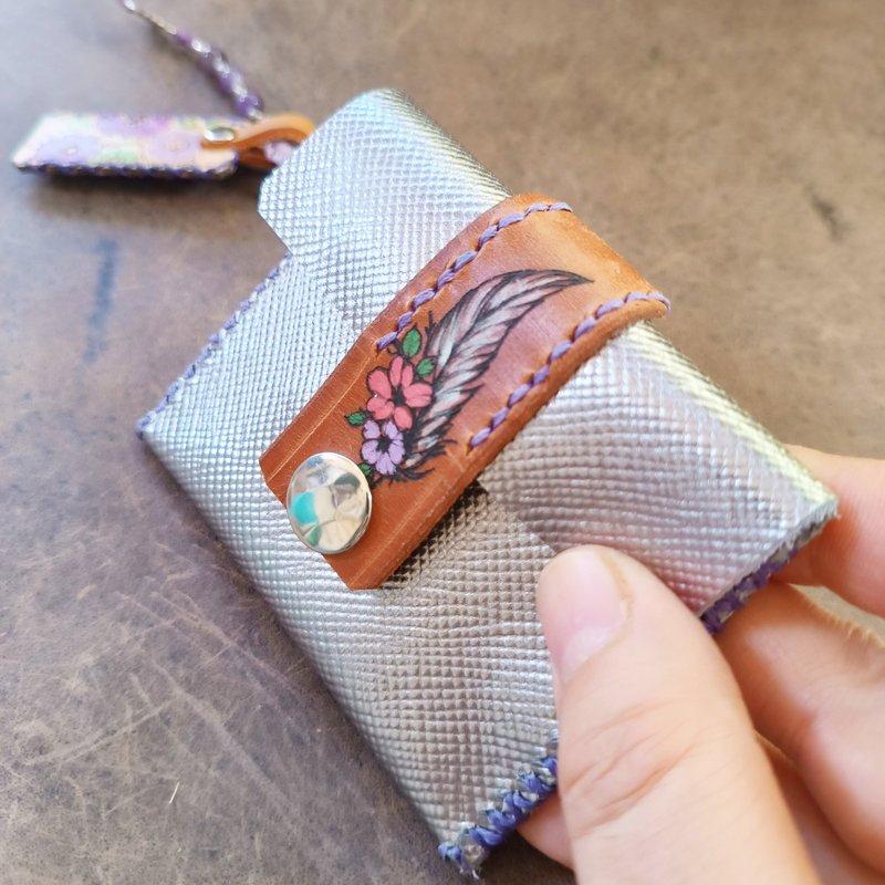 Silver Mini Wallet with Removable Floral Keychain/Bag Charm, Natural Amethyst - 錢包/皮夾/長短夾 - 真皮 銀色