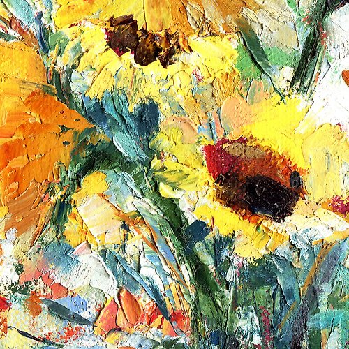 ひまわり絵画夏の花オリジナルアート油絵黄色い花 - ショップ 