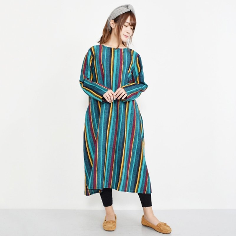 Colorful ethnic striped long-sleeved dress - One Piece Dresses - Cotton & Hemp Blue