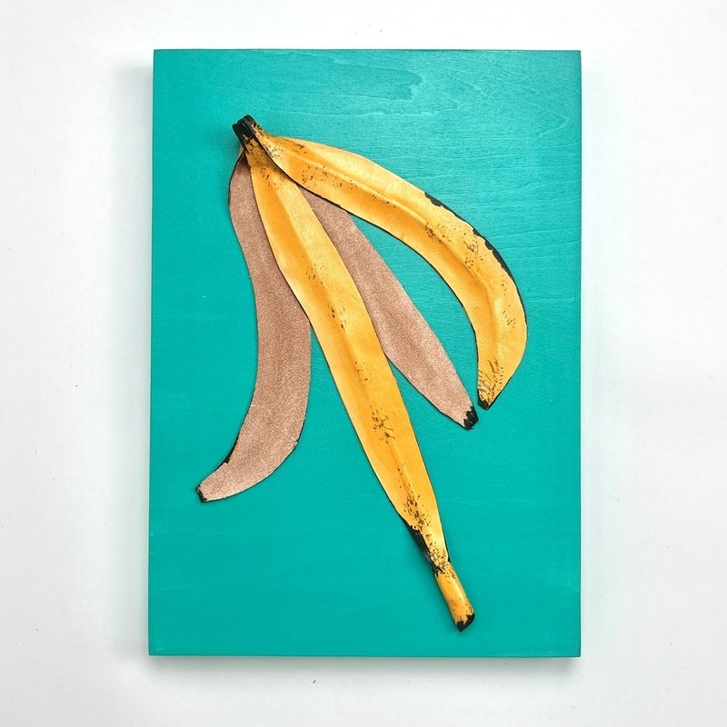 Banana art panel made of leather / green / leather A4 size wooden panel one of a kind - โปสเตอร์ - ไม้ สีเขียว