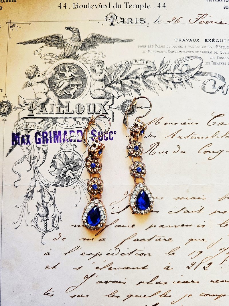 Vintage French Sapphire drop earrings 【French vintage jewelry】 - ต่างหู - โลหะ สีน้ำเงิน