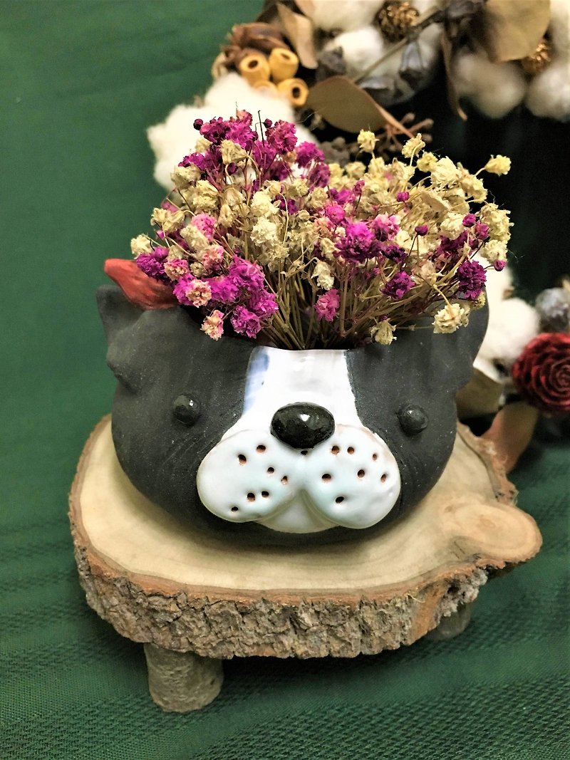 Dog good friend and ostrich series - small black bean French bulldog style flower - ตกแต่งต้นไม้ - ดินเผา 