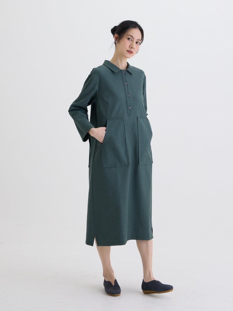 Solid Color Half-Buttoned Long-Sleeve Dress - Light Green - One Piece Dresses - Other Materials Green