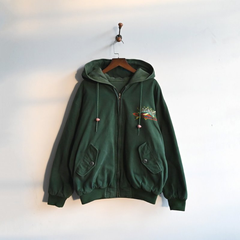 [Egg Plant Vintage] Green Light Miracle Hooded Vintage Jacket Baseball Jacket - Women's Casual & Functional Jackets - Other Man-Made Fibers Green