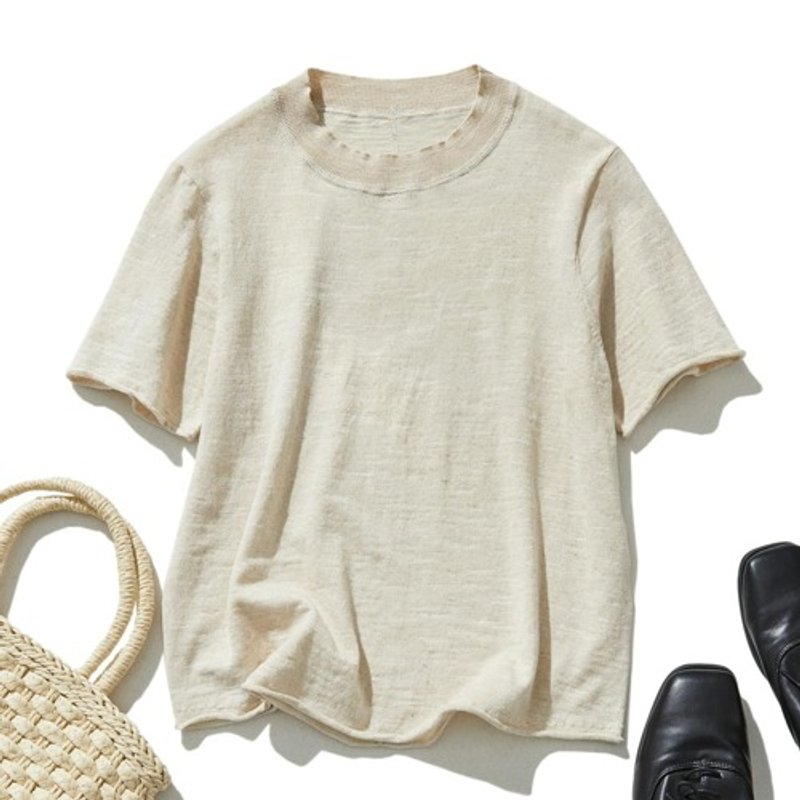 Simple and elegant cotton Linen knit Summer knit Beige 240707-1 - Women's Tops - Cotton & Hemp 