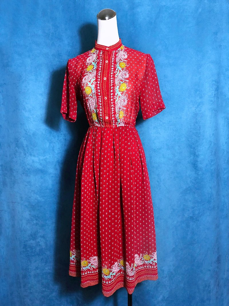 Red flowers short-sleeved vintage dress / abroad brought back VINTAGE - One Piece Dresses - Polyester Red