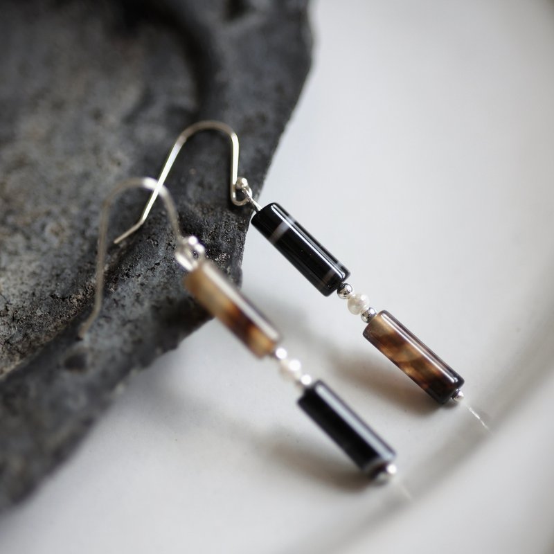墨澗柱石純銀耳環　可改耳夾 - 耳環/耳夾/耳骨夾 - 半寶石 黑色