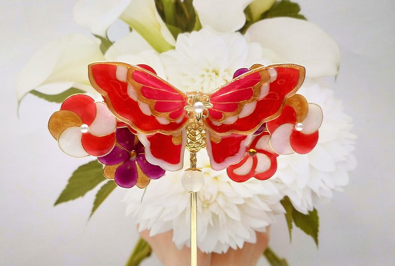 Vermilion Japanese style butterflies and flower barrette - Hair Accessories - Acrylic Red
