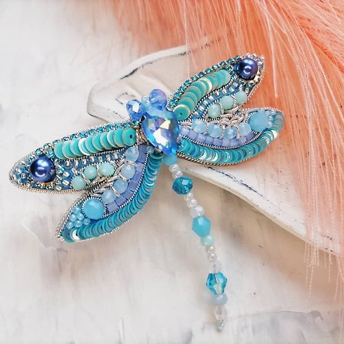 BroochWolli Dragonfly brooch, Blue brooch, Insect brooch, Insect jewelry, Beaded brooch