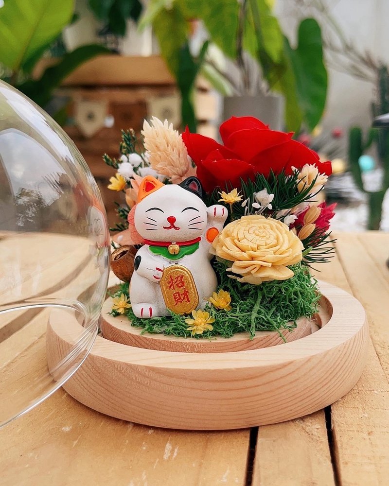 Lucky Cat Rose Ball Glass Cover LED Immortal Flower Cup Lucky Decoration - ช่อดอกไม้แห้ง - พืช/ดอกไม้ 