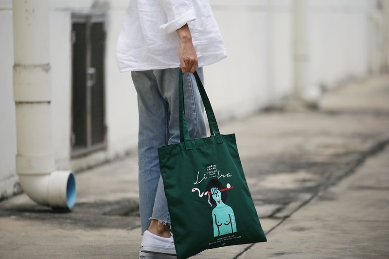 zodiac tote : Libra - กระเป๋าถือ - ผ้าฝ้าย/ผ้าลินิน สีเขียว