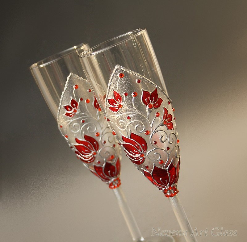赤の結婚式のメガネ、シャンパンフルート、2の手描きのセット - ワイングラス・酒器 - ガラス レッド