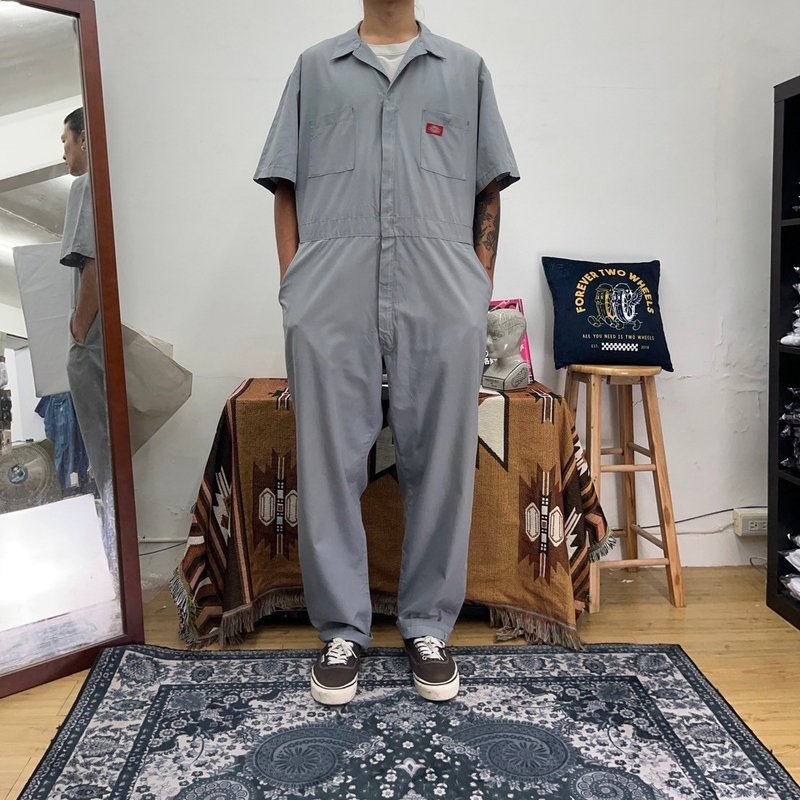 DICKIES iron gray short-sleeved overalls COVERALLS loose vintage second-hand - กางเกงขายาว - ผ้าฝ้าย/ผ้าลินิน สีเทา