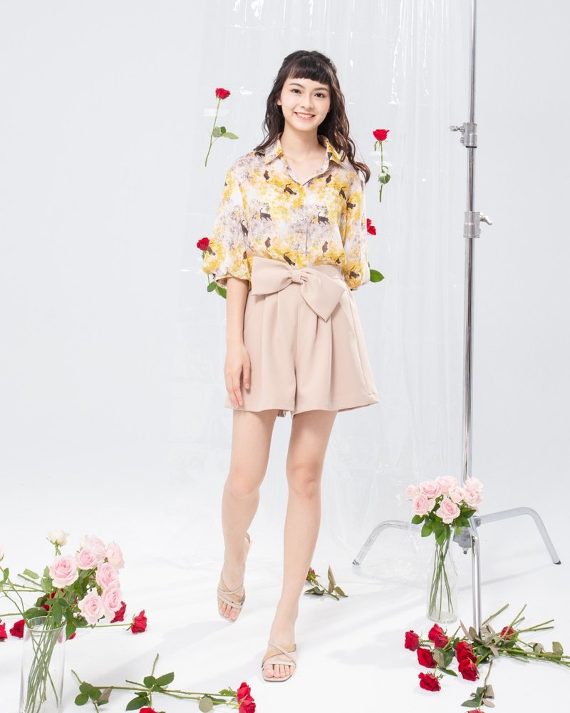 【波麗印花】透氣涼爽 度假寬鬆襯衫 七分袖 燈籠袖 復古撫子色 - 女襯衫 - 棉．麻 黃色