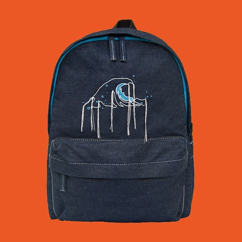 YIZISTORE Backpack denim bag embroidered shoulder bag - dark blue ocean waves - กระเป๋าเป้สะพายหลัง - วัสดุอื่นๆ สีเทา