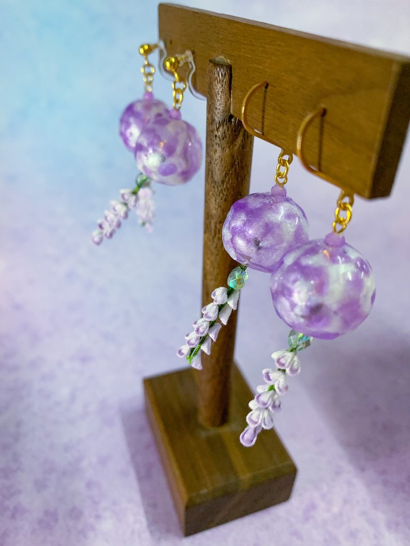 （藤つるの花なし）上質な作業布花藤ガラス風鈴耳針/イヤリング紫エレガント - ピアス・イヤリング - コットン・麻 パープル