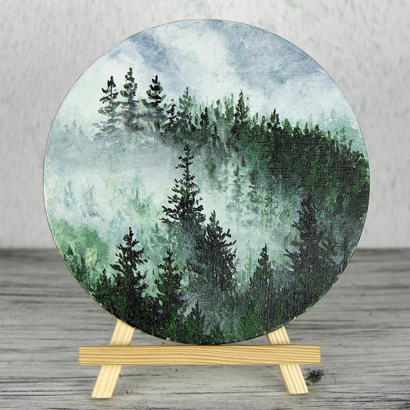 Misty foggy forest Original acrylic painting Mini round canvas Landscape - Wall Décor - Other Materials Green