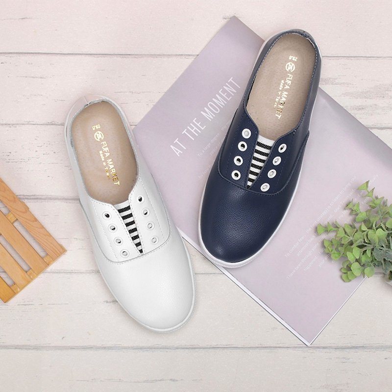 Striped elastic band stitching slip-on shoes-white/dark blue 8065L - Mary Jane Shoes & Ballet Shoes - Genuine Leather White