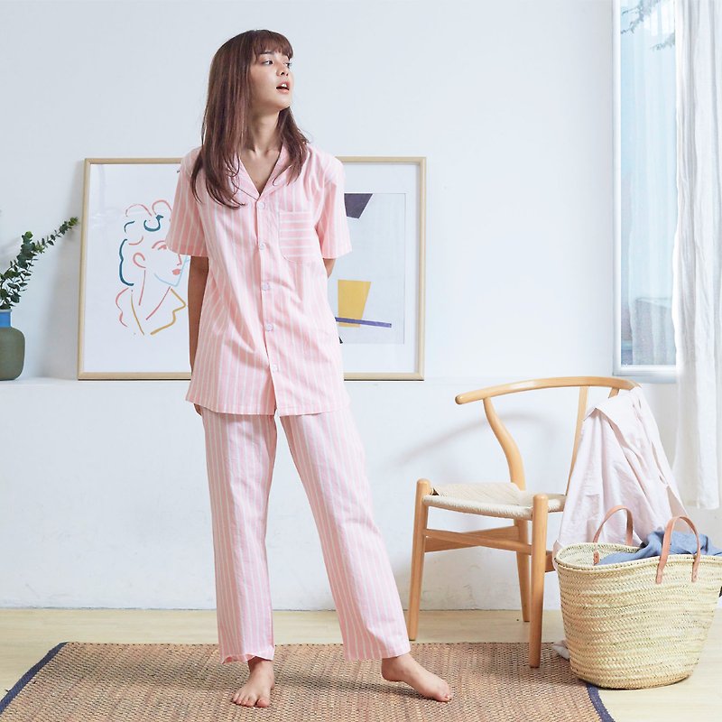 Linen Pajamas Short sleeve with Pants - Loungewear & Sleepwear - Linen Pink