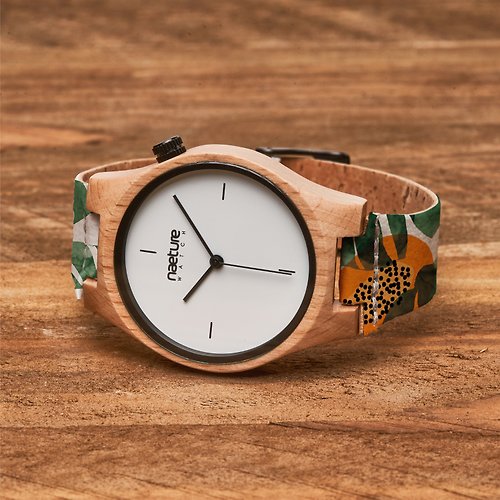 monogatari-japan 木製腕時計 Naeturewatch- PAPAYJAJUNGLE ブナの木とコルクから作られたカスタマイズ可能なアクセサリー腕時計