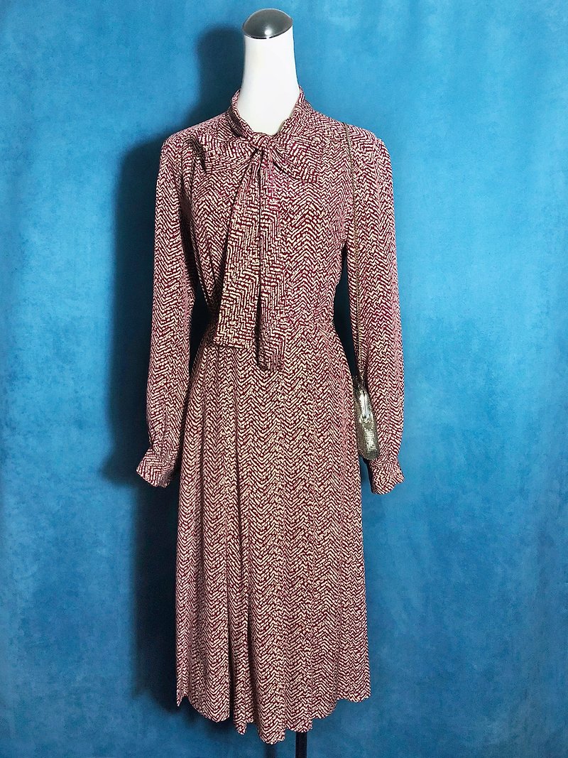 Corrugated bow tie long sleeve vintage dress / abroad brought back VINTAGE - ชุดเดรส - เส้นใยสังเคราะห์ หลากหลายสี