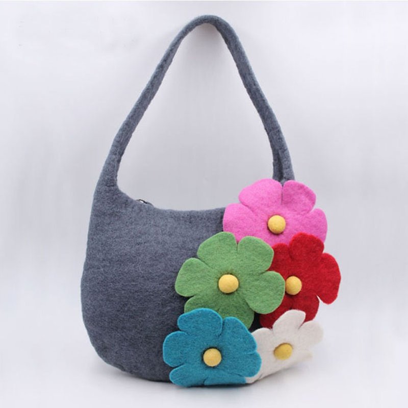 Wool felt handbag, creative handmade flower shoulder bag, wet felt making, liter - Handbags & Totes - Wool Gray
