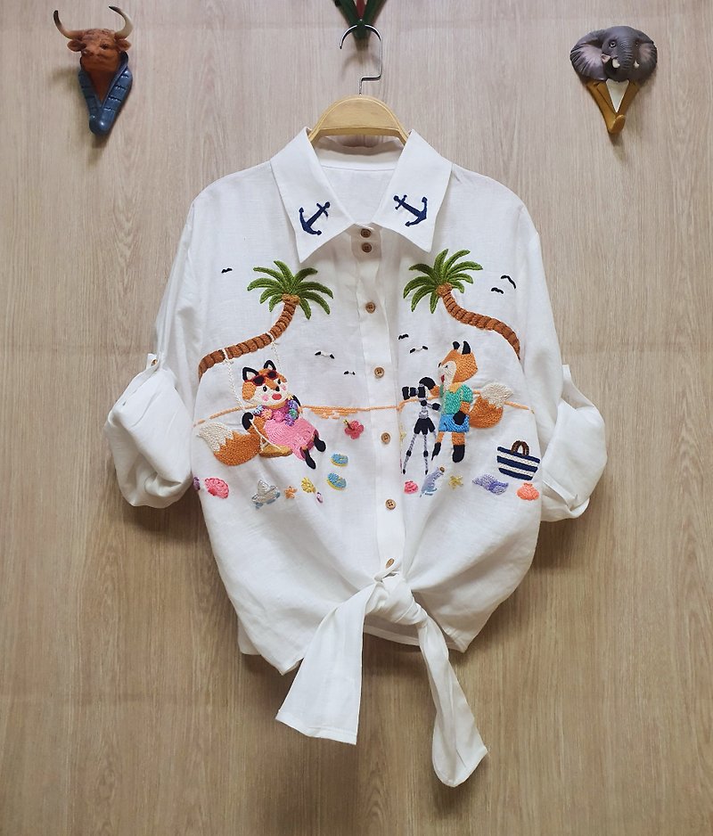 Hand Embroidery Shirt, Fox, Compass, Seashore, Coconut Tree, Beach - Women's Shirts - Thread White