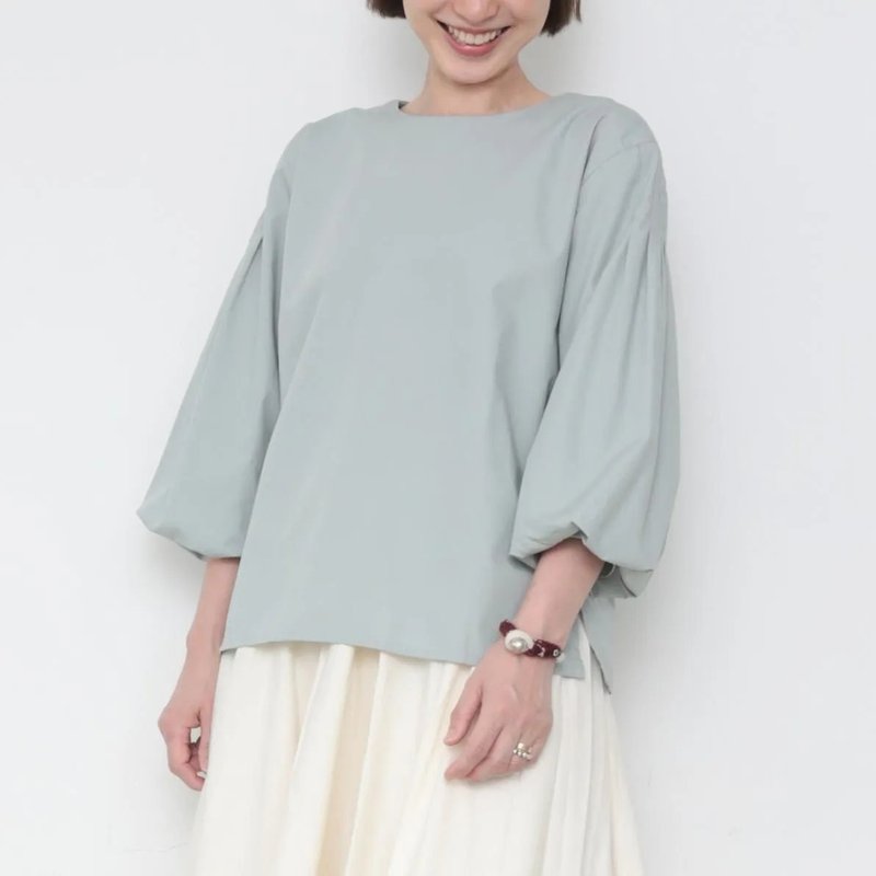 OMAKE.jp 澎袖肩線打褶上衣4LinesBlouse 薄荷綠 - 女上衣/長袖上衣 - 棉．麻 灰色