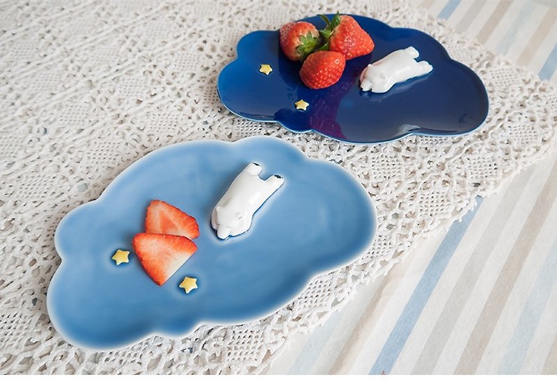 Porcelain Pottery & Ceramics - Three shallow ceramic | Original bears Ji sky blue (one pair) and dessert saucer pure hand-painted creative birthday gift